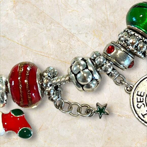 Silver-tone Christmas Charm Bracelet Holiday European Style Slider Glass Beads - Picture 7 of 11